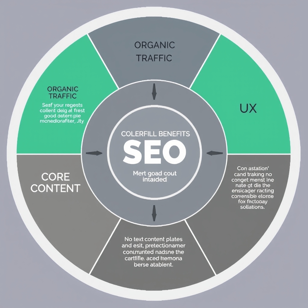 Biểu đồ các lợi ích cốt lõi của SEO website như tăng thứ hạng, organic traffic, UX, chuyển đổi, uy tín 