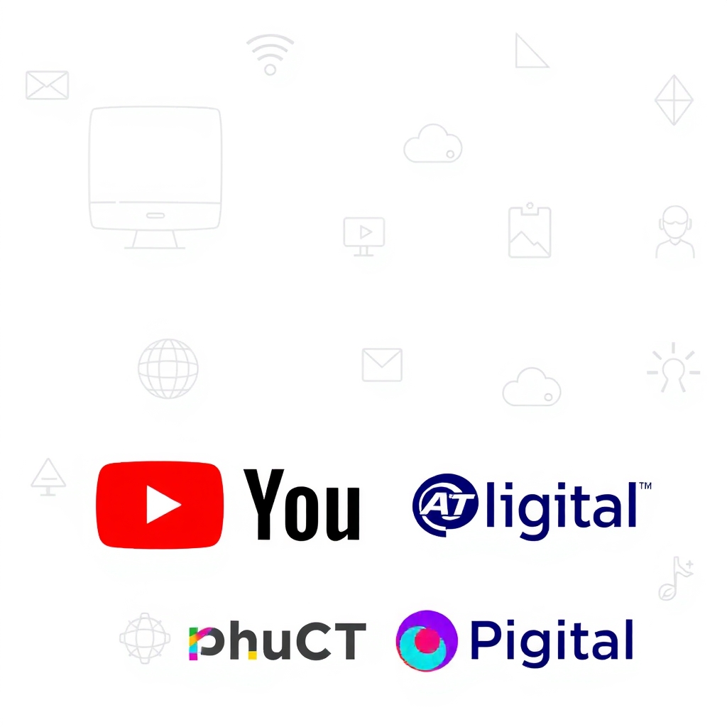 Biểu tượng AI và tự động hóa kết hợp với logo YouTube và PhucT Digital 