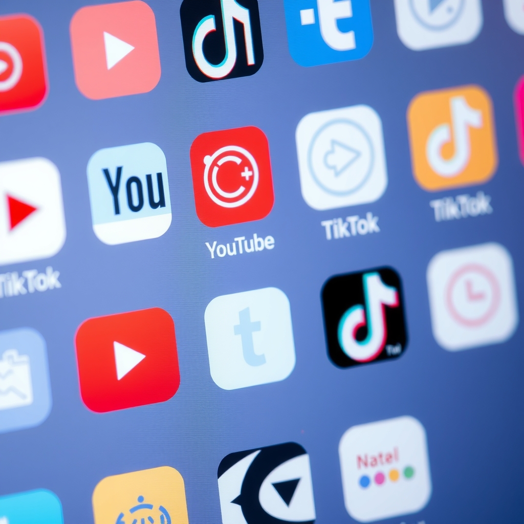 Biểu tượng YouTube và TikTok trên màn hình với hiệu ứng chuyển động 