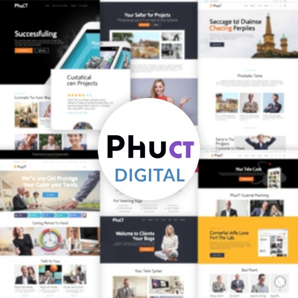 Logo PhucT Digital nổi bật trên nền các dự án website đa dạng đã thực hiện thành công cho các khách hàng 