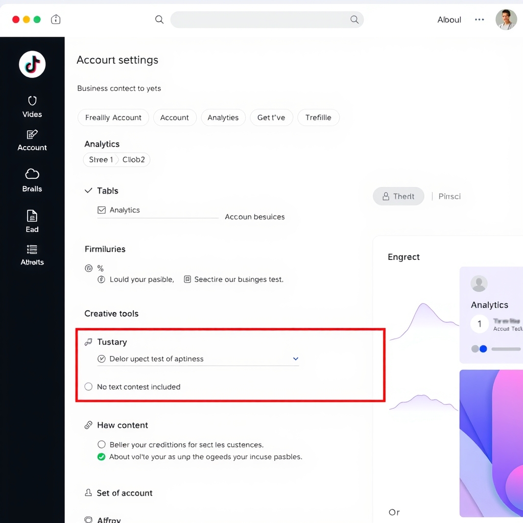 Màn hình cài đặt tài khoản TikTok Business với các tùy chọn phân tích và công cụ sáng tạo 
