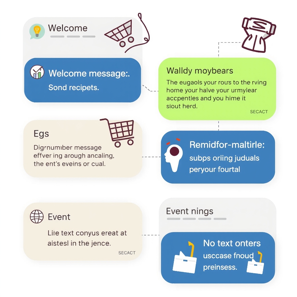 Minh họa các chiến lược SMS Marketing đa dạng như chào mừng, nhắc giỏ hàng, quảng bá sự kiện 