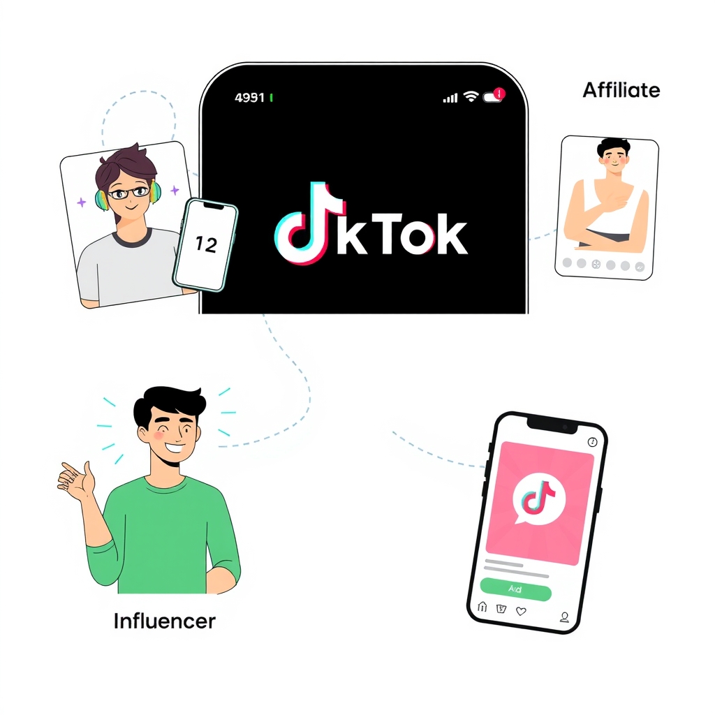 Minh họa các phương pháp TikTok Marketing: Influencer, Affiliate, TikTok Ads 