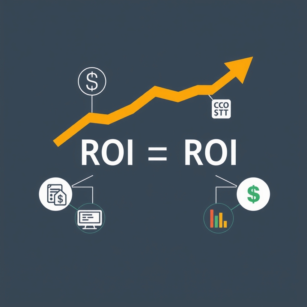 Minh họa công thức tính ROI trong Digital Marketing với các biểu tượng chi phí và doanh thu 