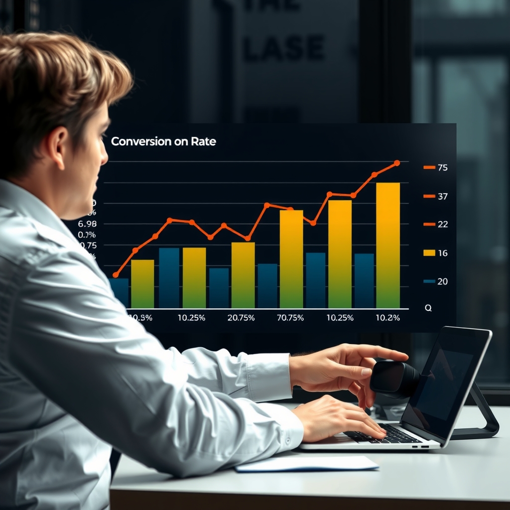 Mô tả hình ảnh: Một chuyên gia marketing đang phân tích biểu đồ tỷ lệ chuyển đổi trên nhiều kênh digital marketing khác nhau. 