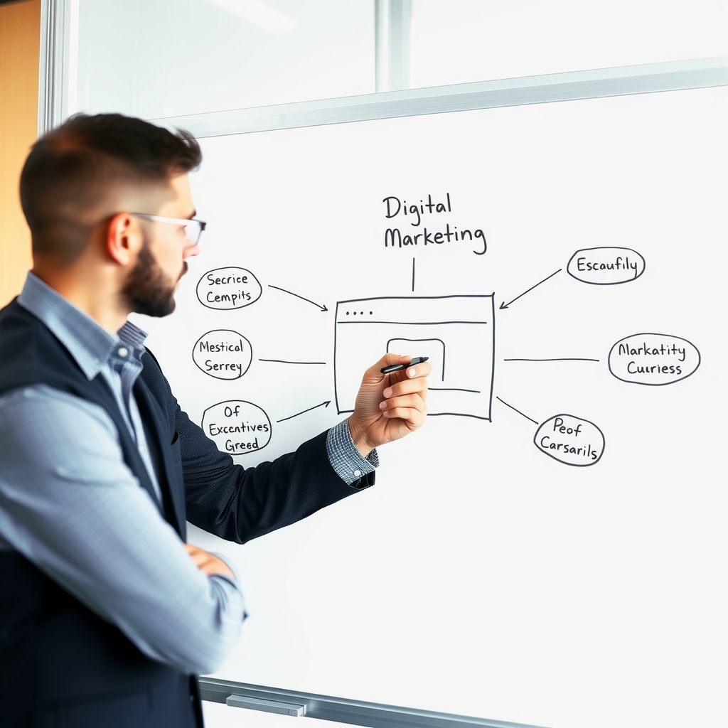 Một chuyên gia Digital Marketing đang phác thảo một chiến lược đa kênh trên bảng trắng, với website ở trung tâm và các kênh như Facebook, SEO, Email bao quanh 