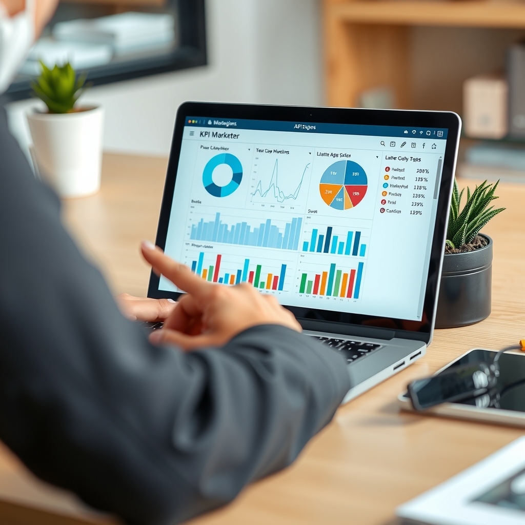 Một Marketer đang phân tích biểu đồ KPI trên máy tính xách tay 