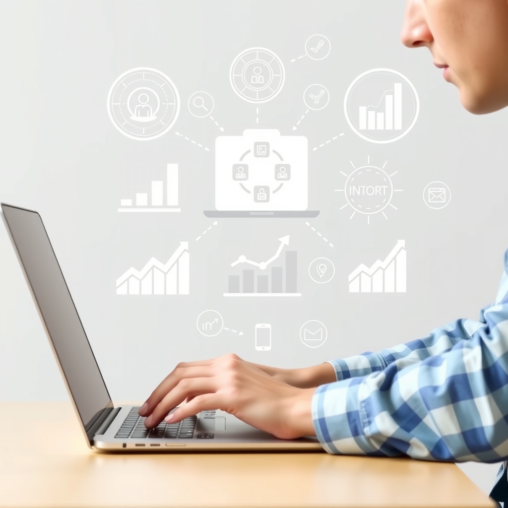 Một người đang làm việc trên máy tính với các biểu đồ và icon Digital Marketing xung quanh 