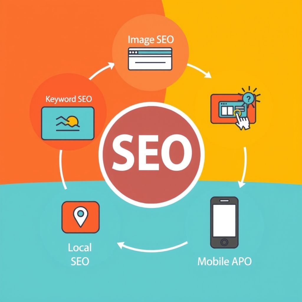 Sơ đồ các loại hình SEO phổ biến như SEO từ khóa, SEO ảnh, SEO video, Local SEO, SEO App Mobile 