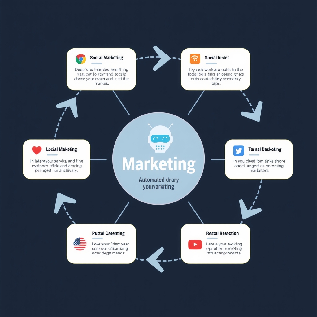 Sơ đồ quy trình tự động hóa marketing với các biểu tượng AI và các kênh mạng xã hội 