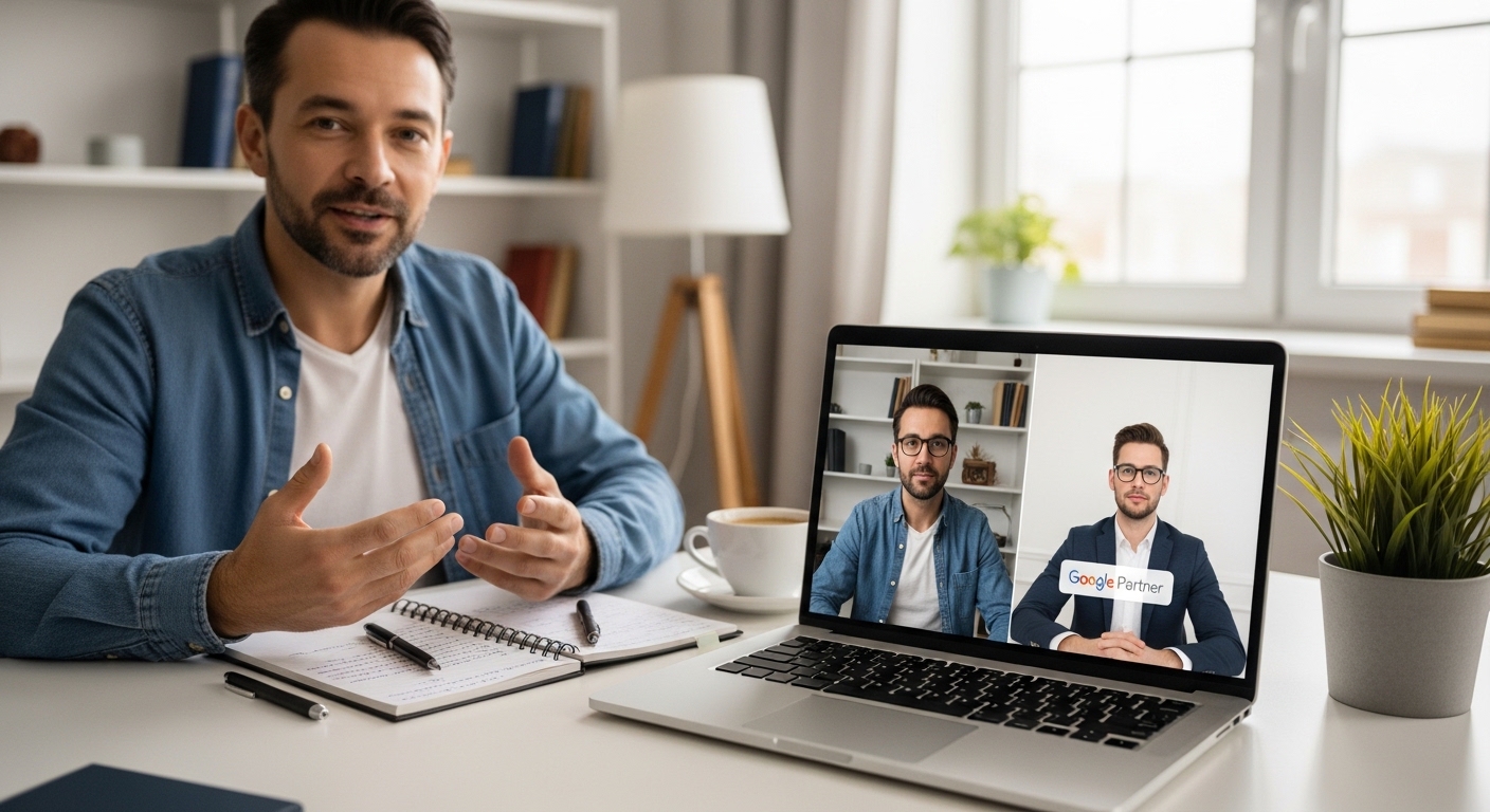 Chủ doanh nghiệp nhỏ họp online với đối tác Google Partner để thảo luận chiến lược digital marketing
