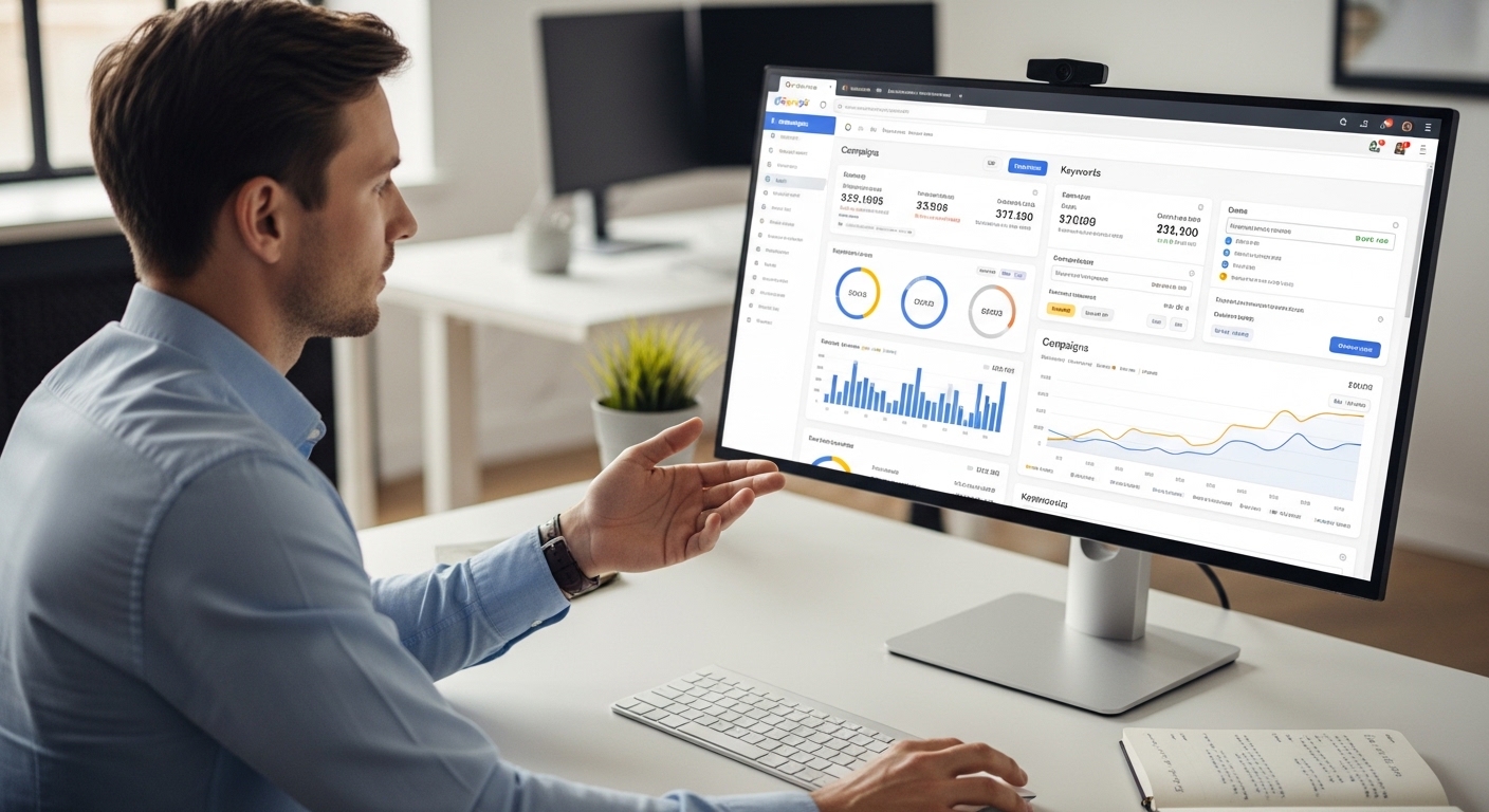 Chuyên gia digital marketing phân tích dữ liệu Google Ads trên màn hình