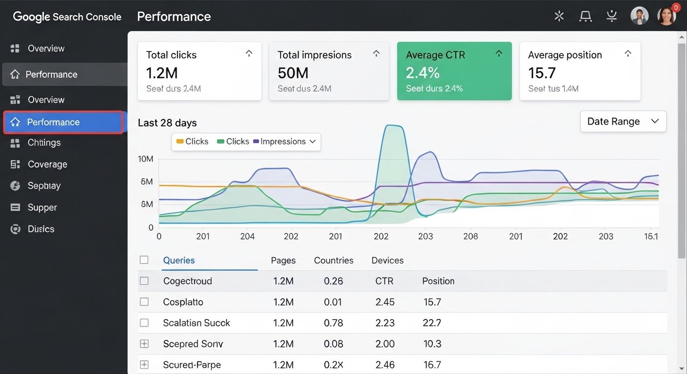 Giao diện báo cáo Hiệu suất của Google Search Console hiển thị các chỉ số chính