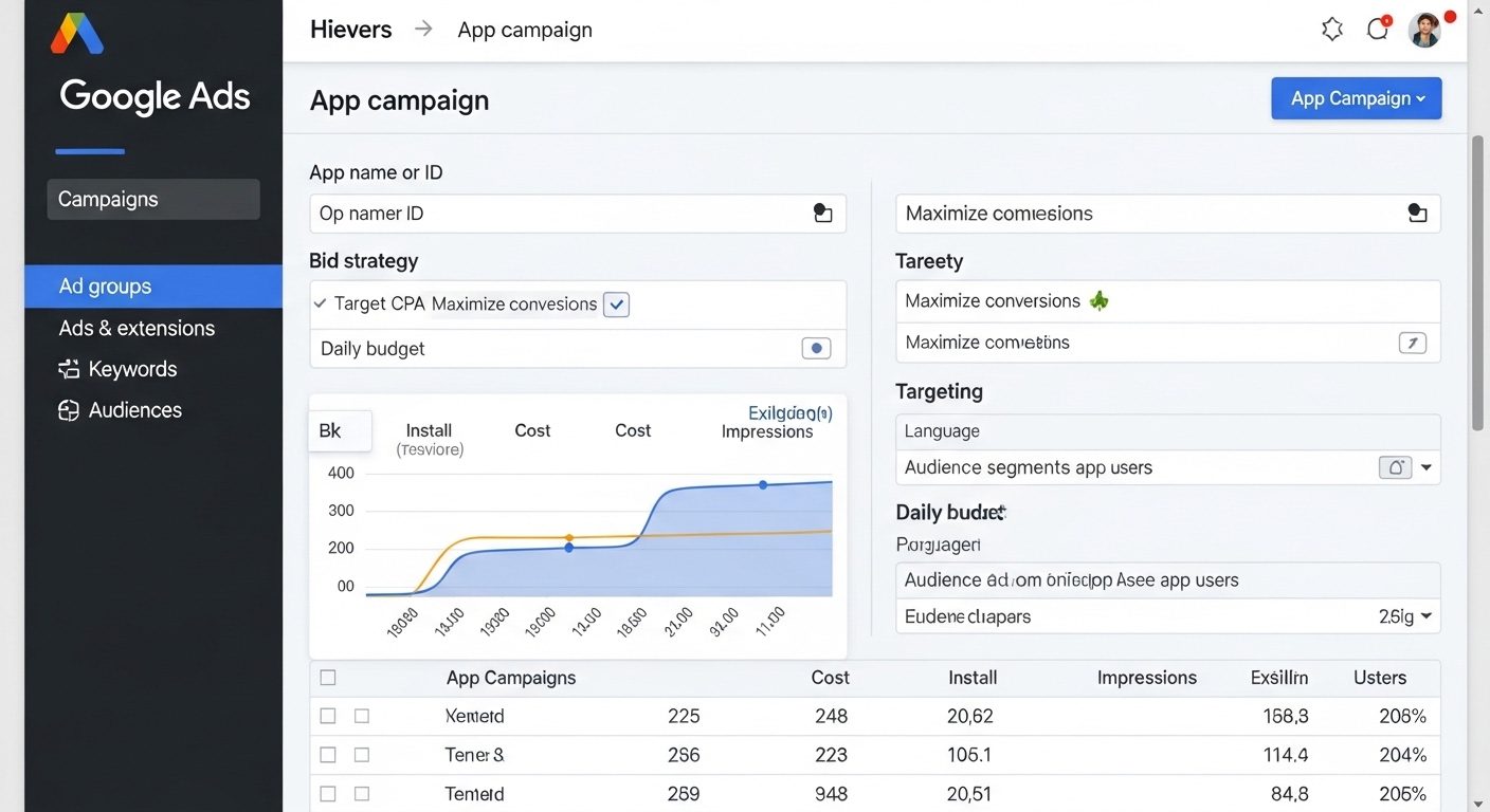 Giao diện Google Ads thiết lập chiến dịch quảng cáo ứng dụng App Ads cho digital marketing