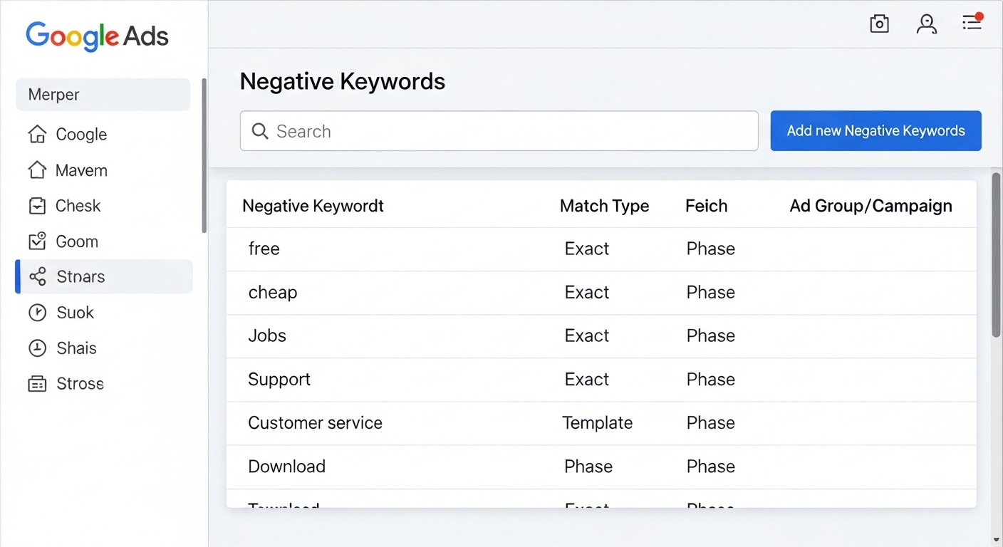 Giao diện Google Ads với danh sách từ khóa phủ định trong digital marketing
