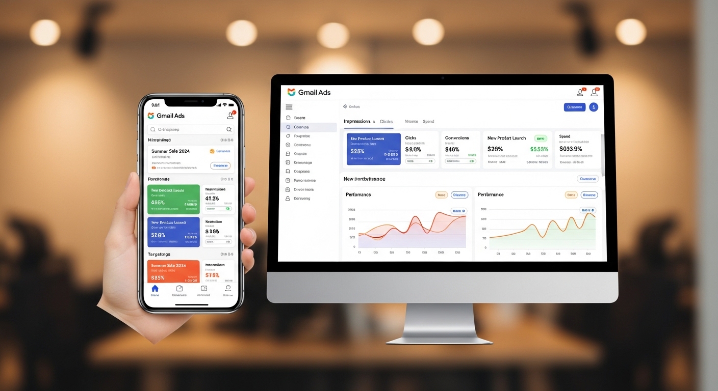 Giao diện quảng cáo Gmail Ads trên điện thoại và máy tính trong digital marketing