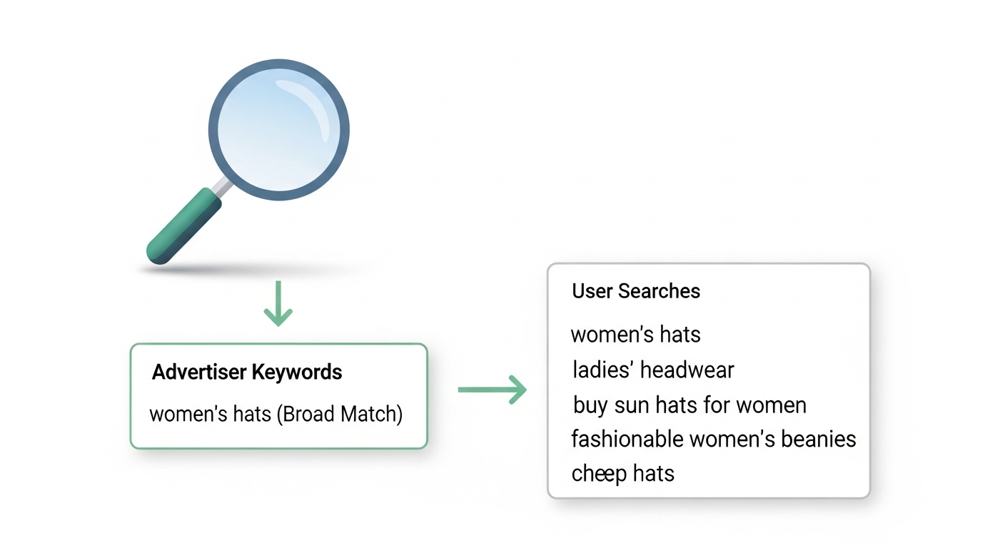 Minh họa cơ chế hoạt động của đối sánh rộng trong Google Ads
