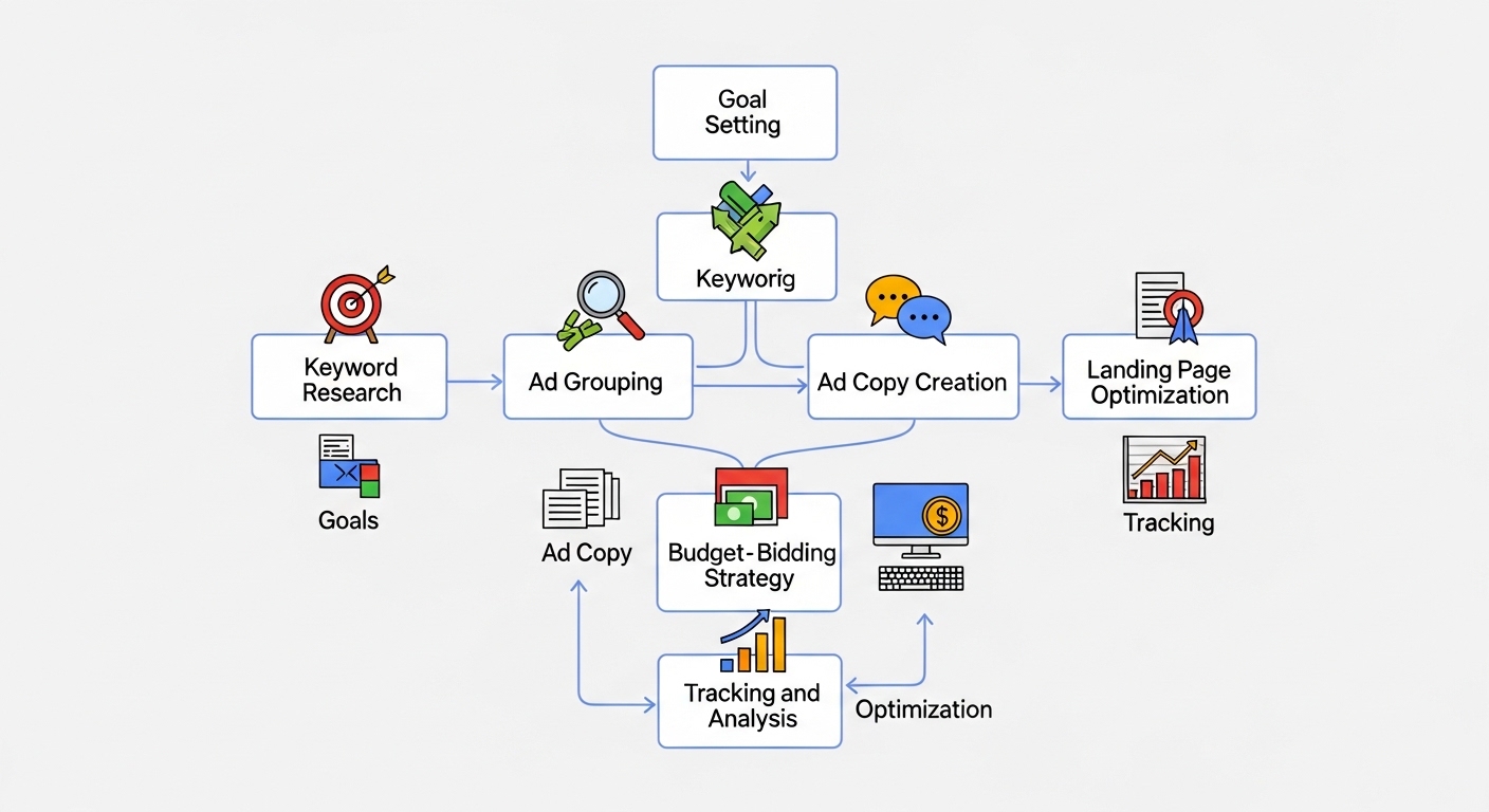 Sơ đồ các yêu cầu cốt lõi của một kế hoạch quảng cáo Google Ads digital marketing