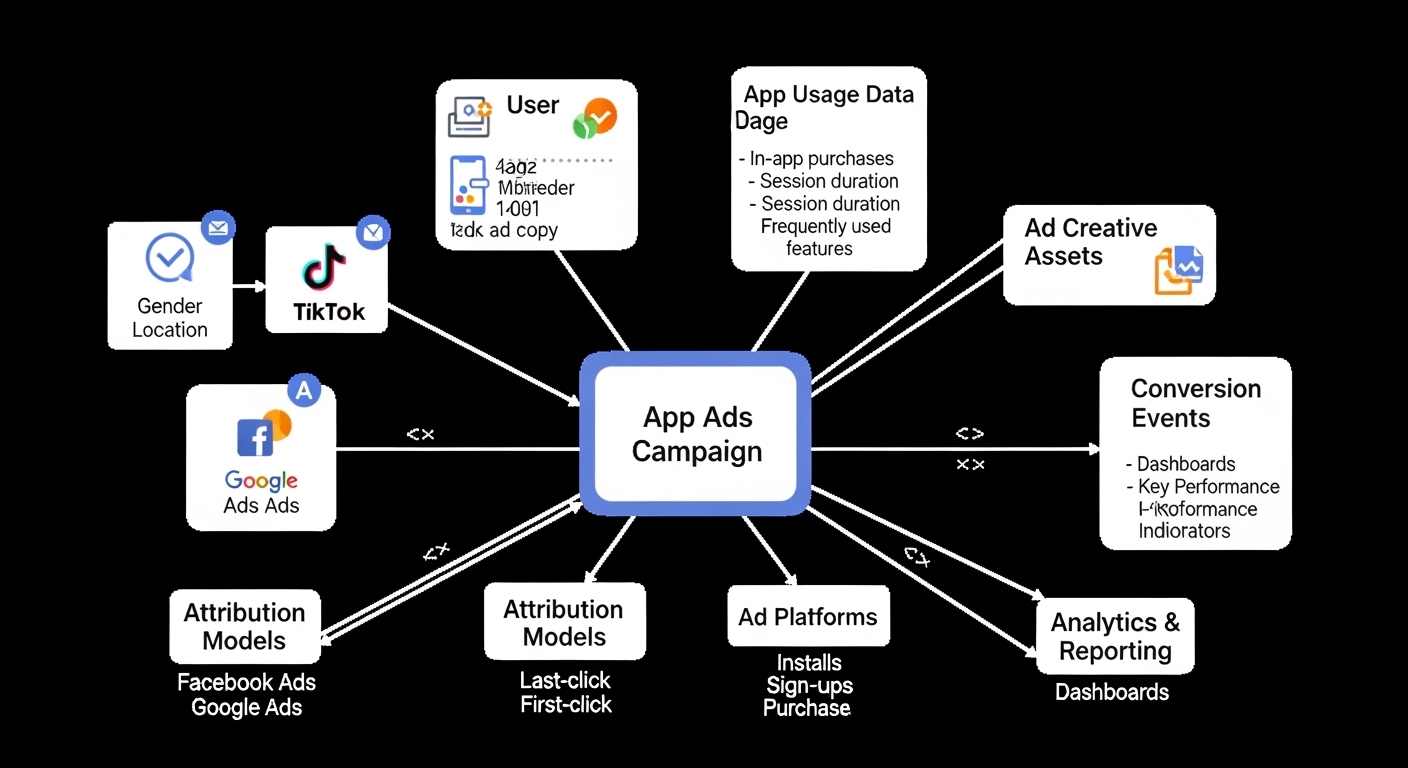 Sơ đồ liên kết dữ liệu Google Play, Firebase và YouTube cho chiến dịch App Ads digital marketing