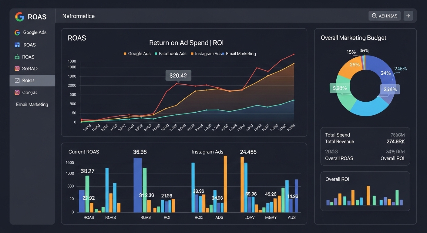 Bảng điều khiển hiển thị biểu đồ ROAS và ROI của các kênh digital marketing — cơ sở để lập mẫu kế hoạch ngân sách công ty