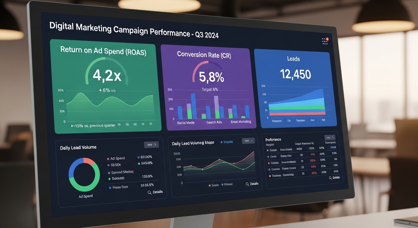 Bảng điều khiển KPI cho chiến dịch digital marketing hiển thị các chỉ số ROAS, CR, Leads