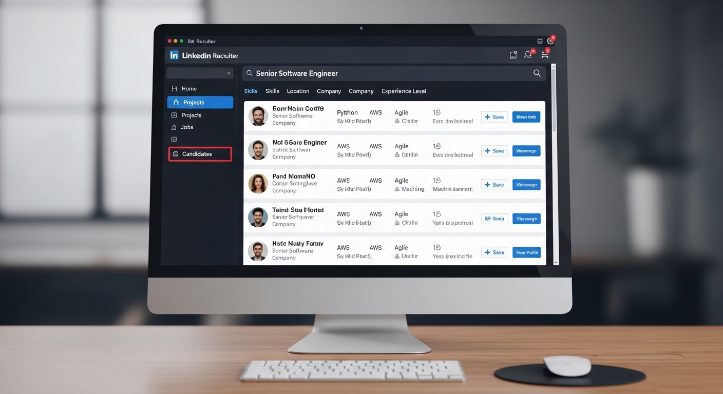 Bảng điều khiển LinkedIn Recruiter hiển thị danh sách ứng viên tiềm năng cho tuyển dụng digital marketing