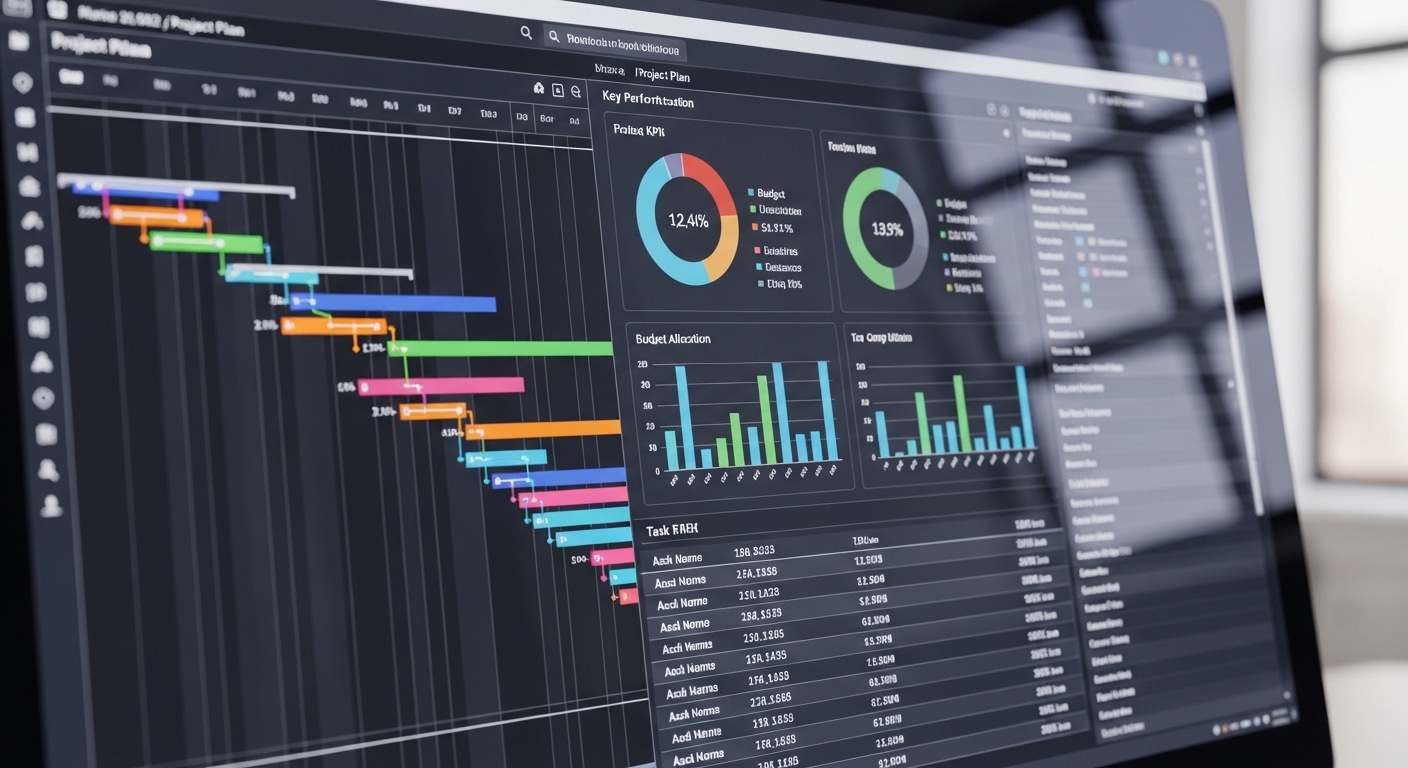 Bảng kế hoạch triển khai dự án digital marketing trên màn hình máy tính với biểu đồ và số liệu KPI