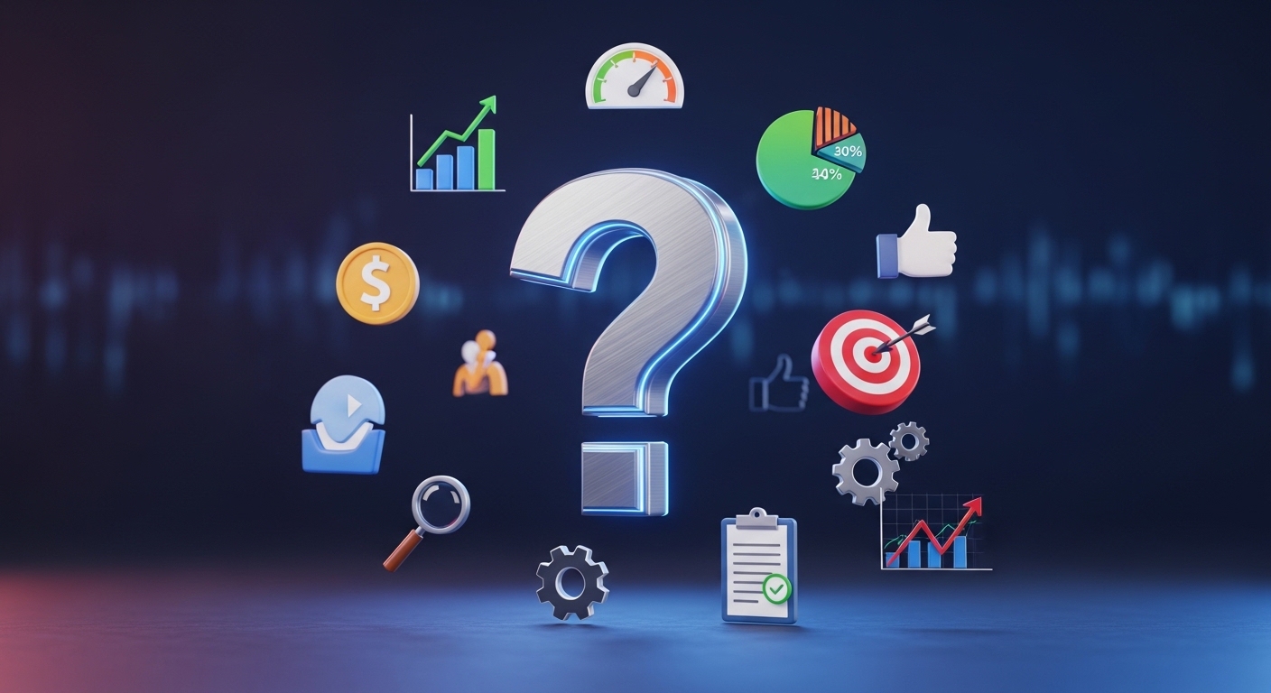 biểu tượng câu hỏi về đánh giá KPI nhân viên với các icon chỉ số hiệu suất xung quanh