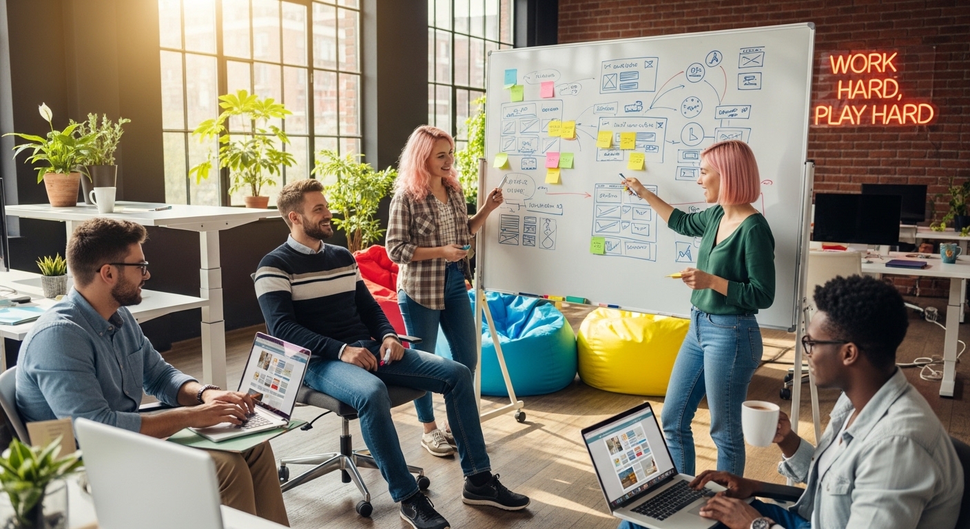 Các nhân viên digital marketing cùng nhau thảo luận ý tưởng thể hiện văn hóa sáng tạo