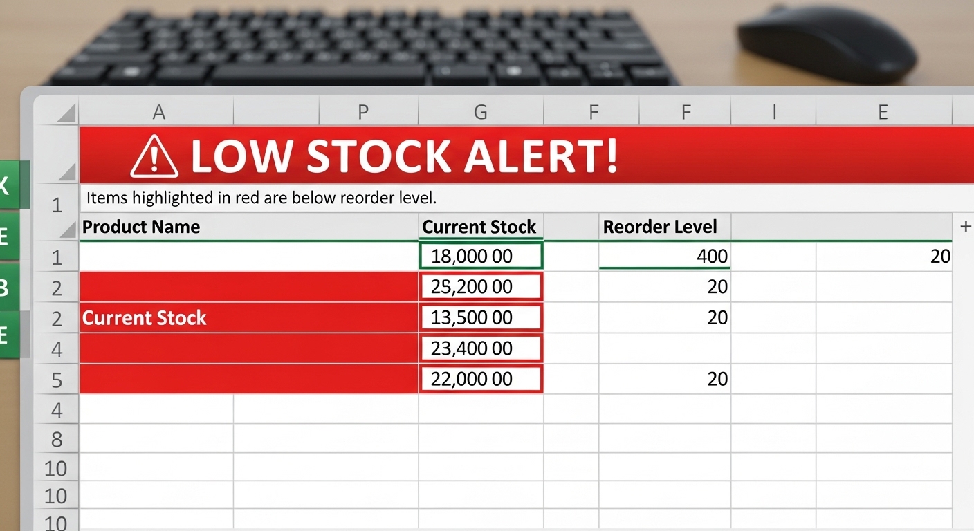 Cảnh báo tồn kho tối thiểu bằng Conditional Formatting trong Excel quản lý kho cho digital marketing