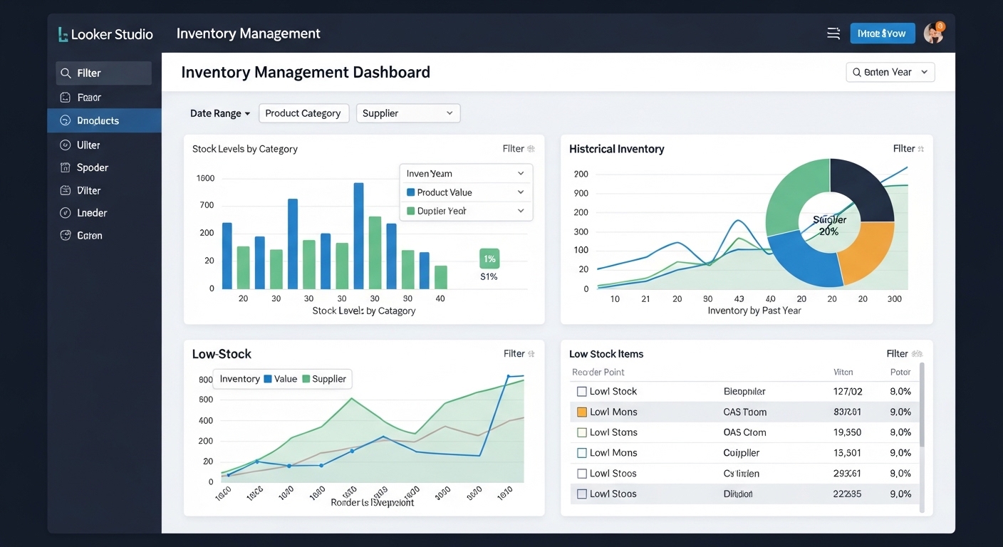 Dashboard báo cáo trực quan trên Looker Studio kết nối dữ liệu từ file quản lý kho