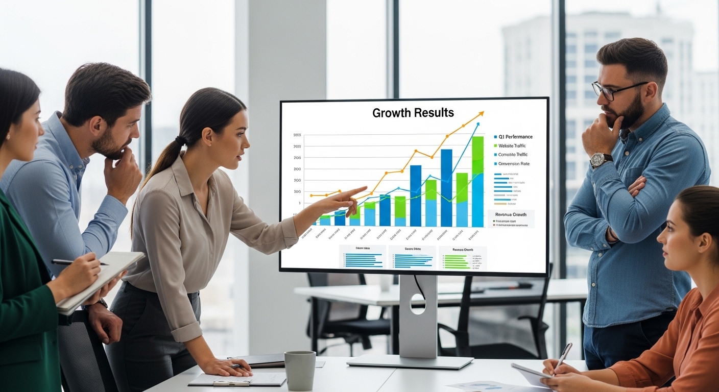Đội ngũ marketing cùng nhìn vào biểu đồ kết quả tăng trưởng