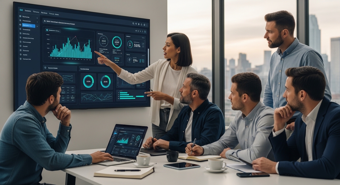 Đội ngũ marketing làm việc trên dashboard phân tích dữ liệu AI trong quy trình phát triển nhân lực số