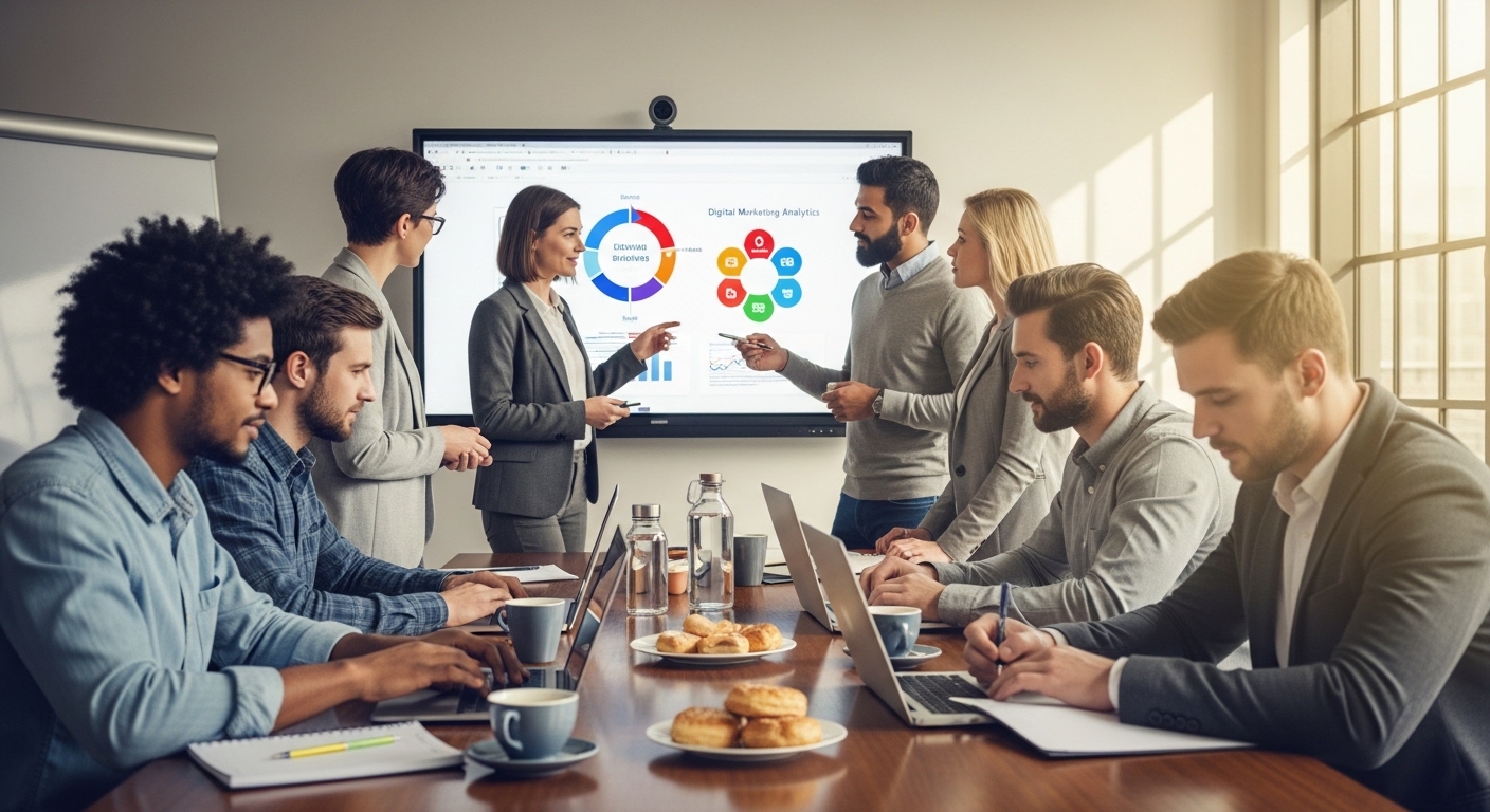 Đội ngũ digital marketing thảo luận trong buổi đào tạo kỹ năng quản trị nhân sự và phát triển chuyên môn