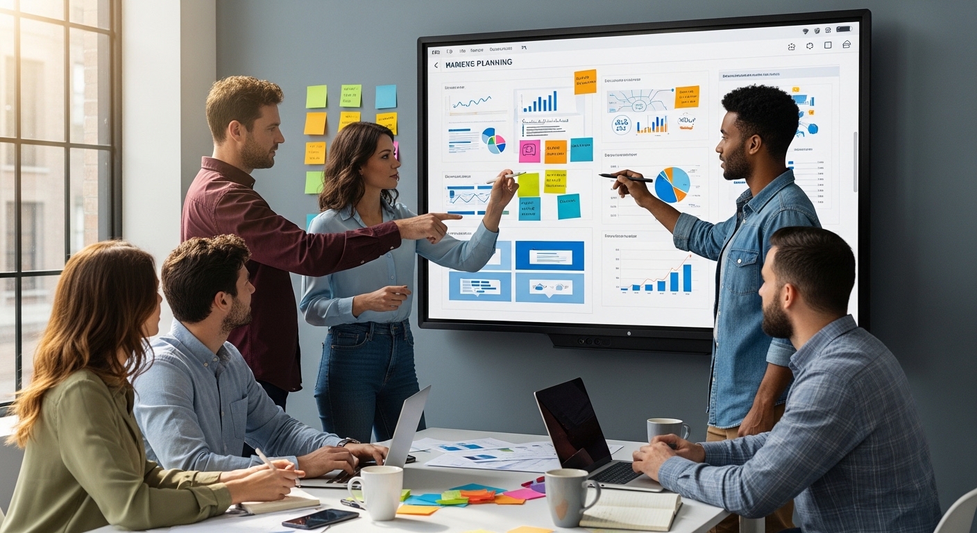 Đội nhóm digital marketing đang thảo luận và điều chỉnh bảng kế hoạch