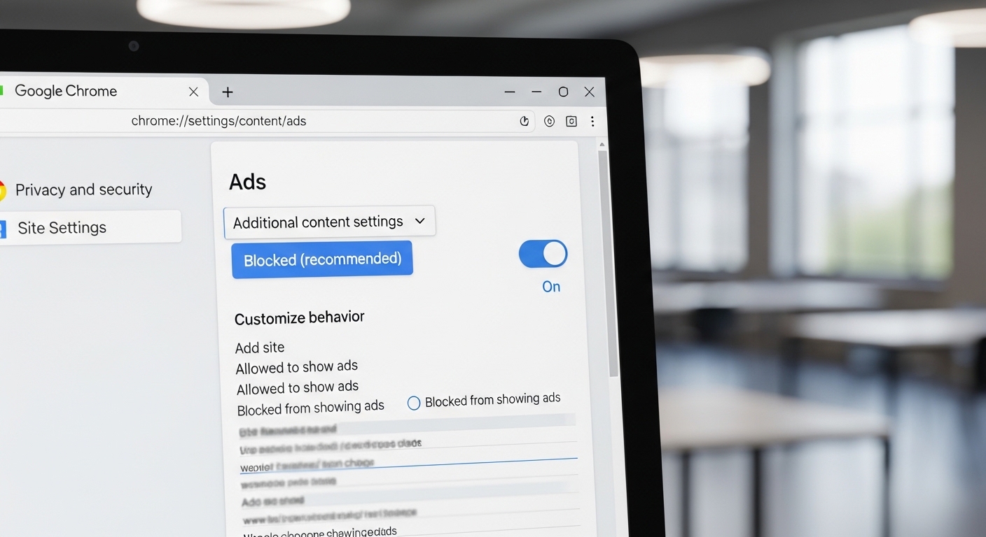 Giao diện trang Cài đặt trang web trong Chrome hiển thị tùy chọn chặn quảng cáo xâm nhập và cửa sổ bật lên