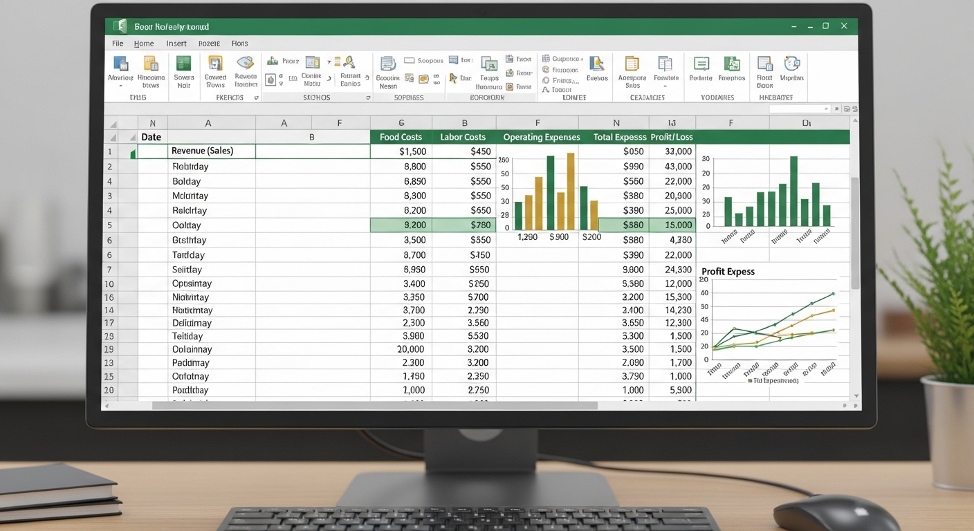Giao diện file Excel quản lý thu chi hàng ngày của nhà hàng với các cột doanh thu, chi phí và lợi nhuận