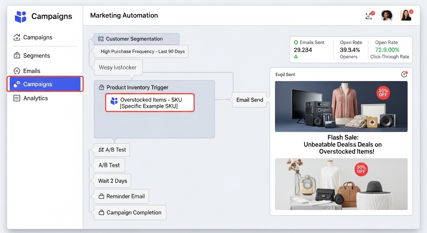 Giao diện chiến dịch Marketing Automation gửi email khuyến mãi cho sản phẩm tồn kho cao — ứng dụng dữ liệu kho vào digital marketing