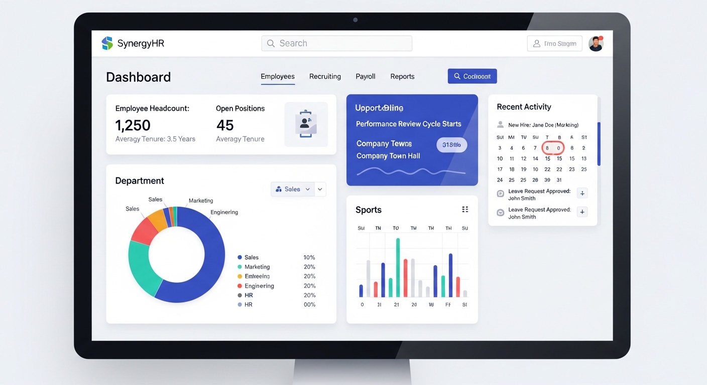 phần mềm quản lý nhân sự hiện đại trên màn hình máy tính với dashboard báo cáo hiệu suất