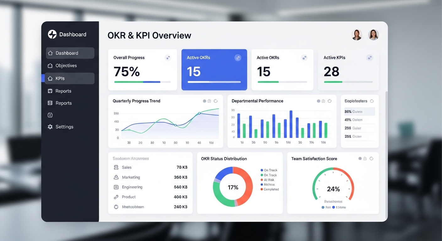 Giao diện phần mềm quản lý OKR và KPI với các biểu đồ và chỉ số