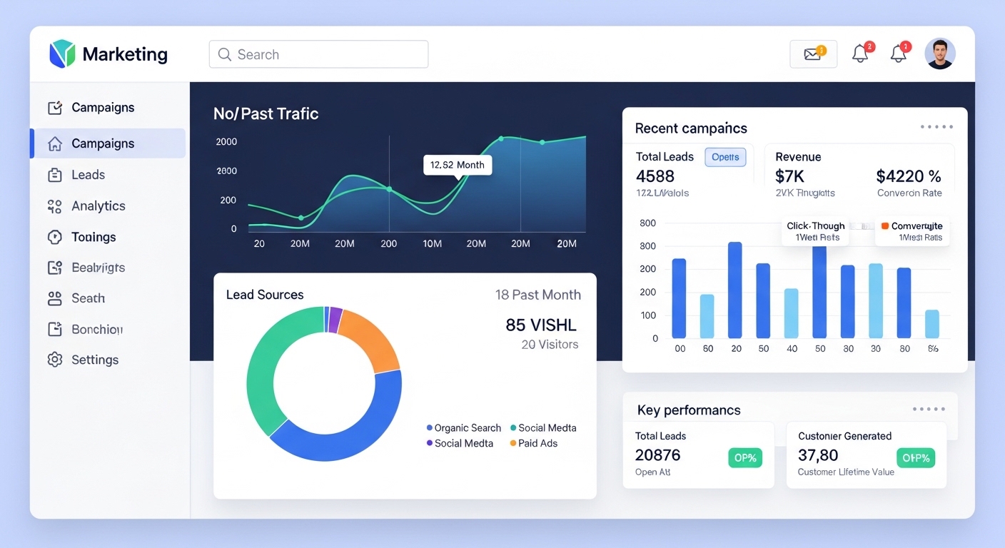 Giao diện phần mềm tự động hóa digital marketing với biểu đồ phân tích dữ liệu trực quan theo thời gian thực