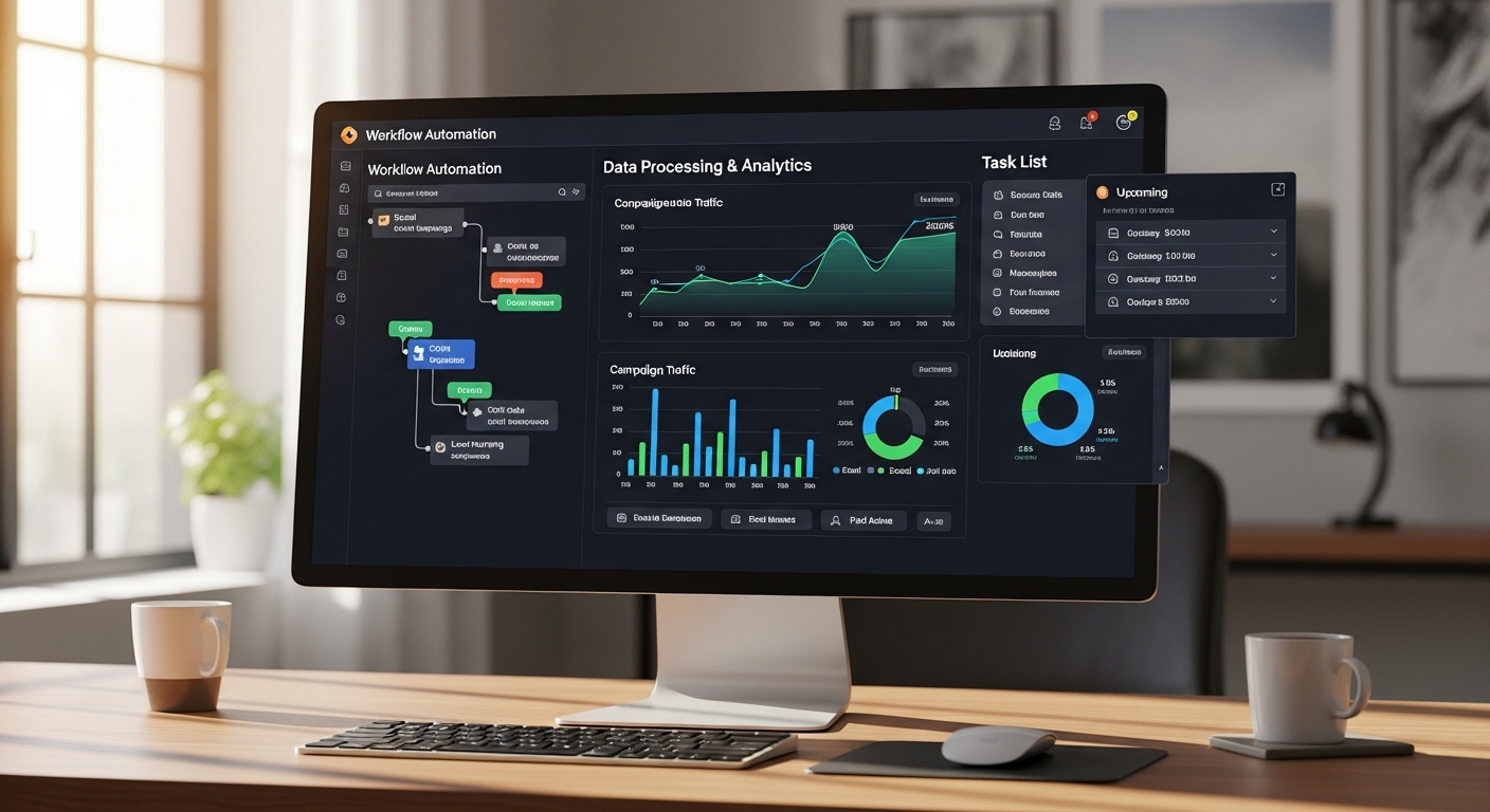 Giao diện phần mềm tự động hóa marketing với các luồng công việc và dữ liệu đang được xử lý