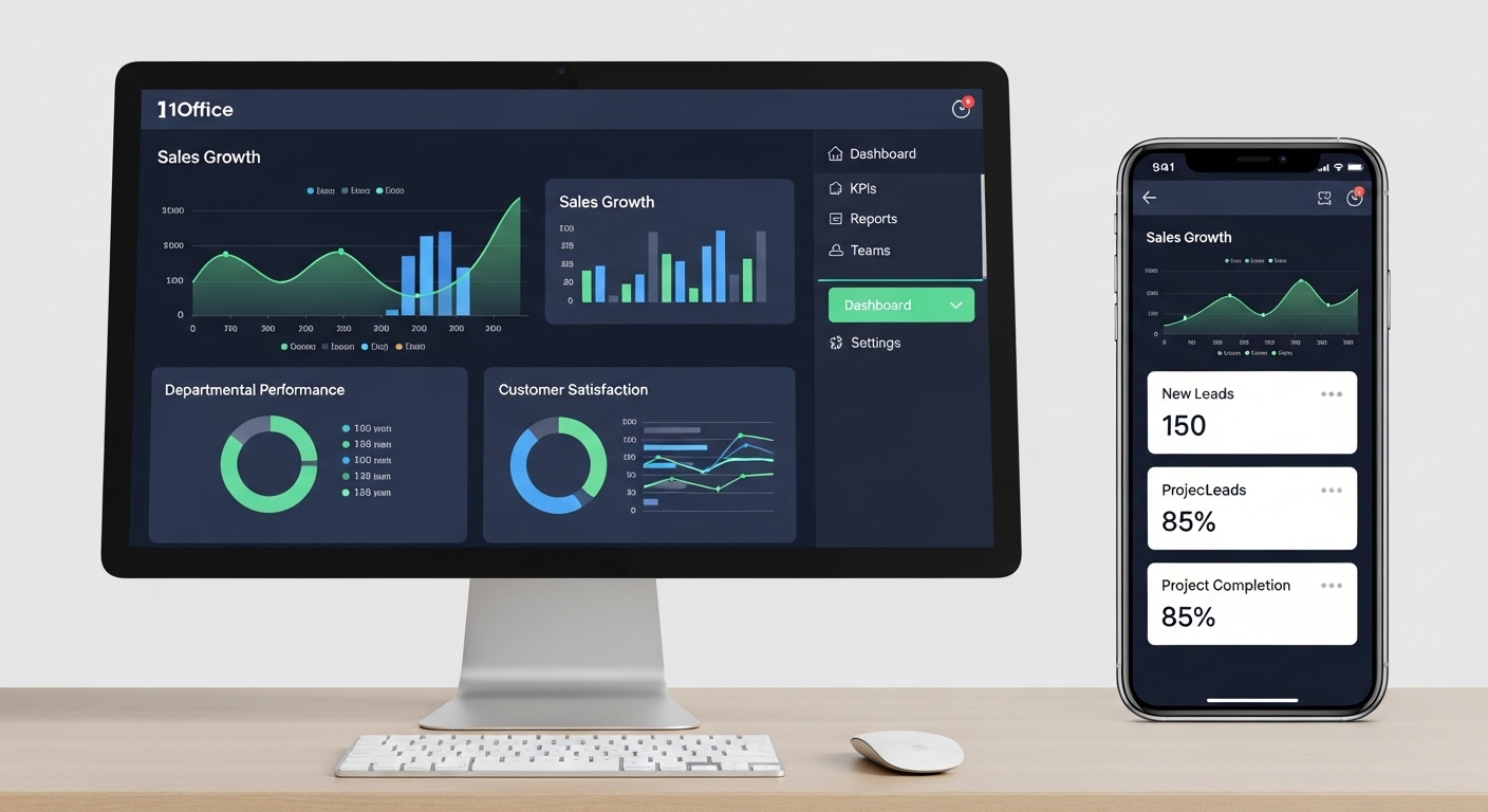 Giao diện phần mềm quản trị KPI trong digital marketing trên máy tính và điện thoại