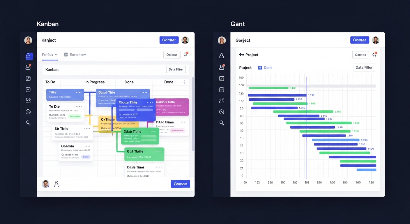 Giao diện so sánh giữa Kanban và biểu đồ Gantt trong quản lý dự án digital marketing
