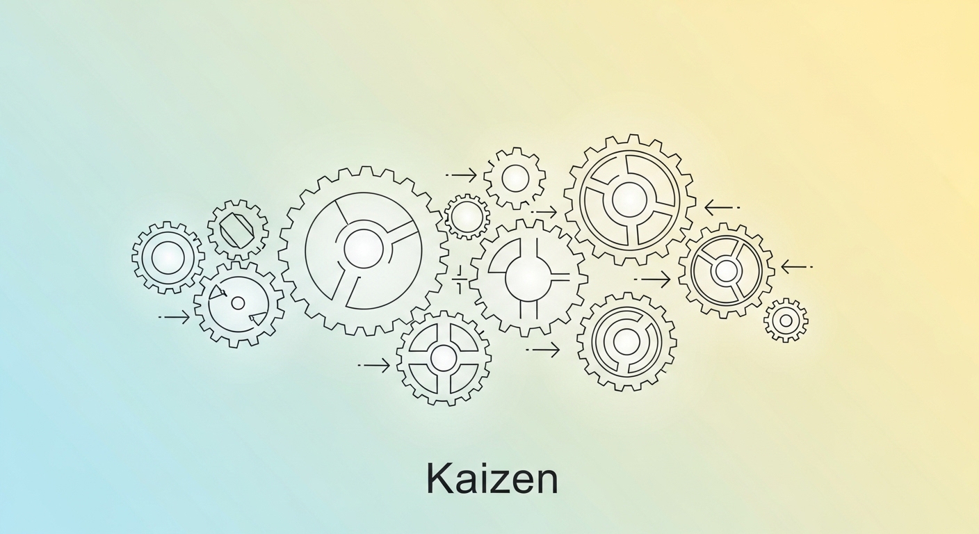 Minh họa triết lý Kaizen với các bánh răng nhỏ vận hành — cải tiến liên tục từng bước nhỏ trong quy trình digital marketing