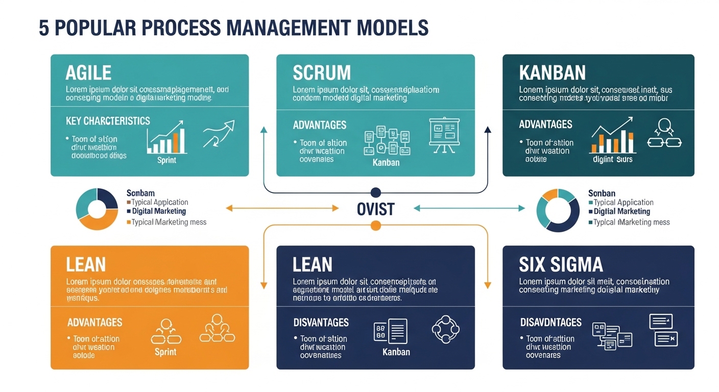 Infographic so sánh 5 mô hình quản lý quy trình phổ biến trong digital marketing — PDCA, DMAIC, Agile, 5M, TPS