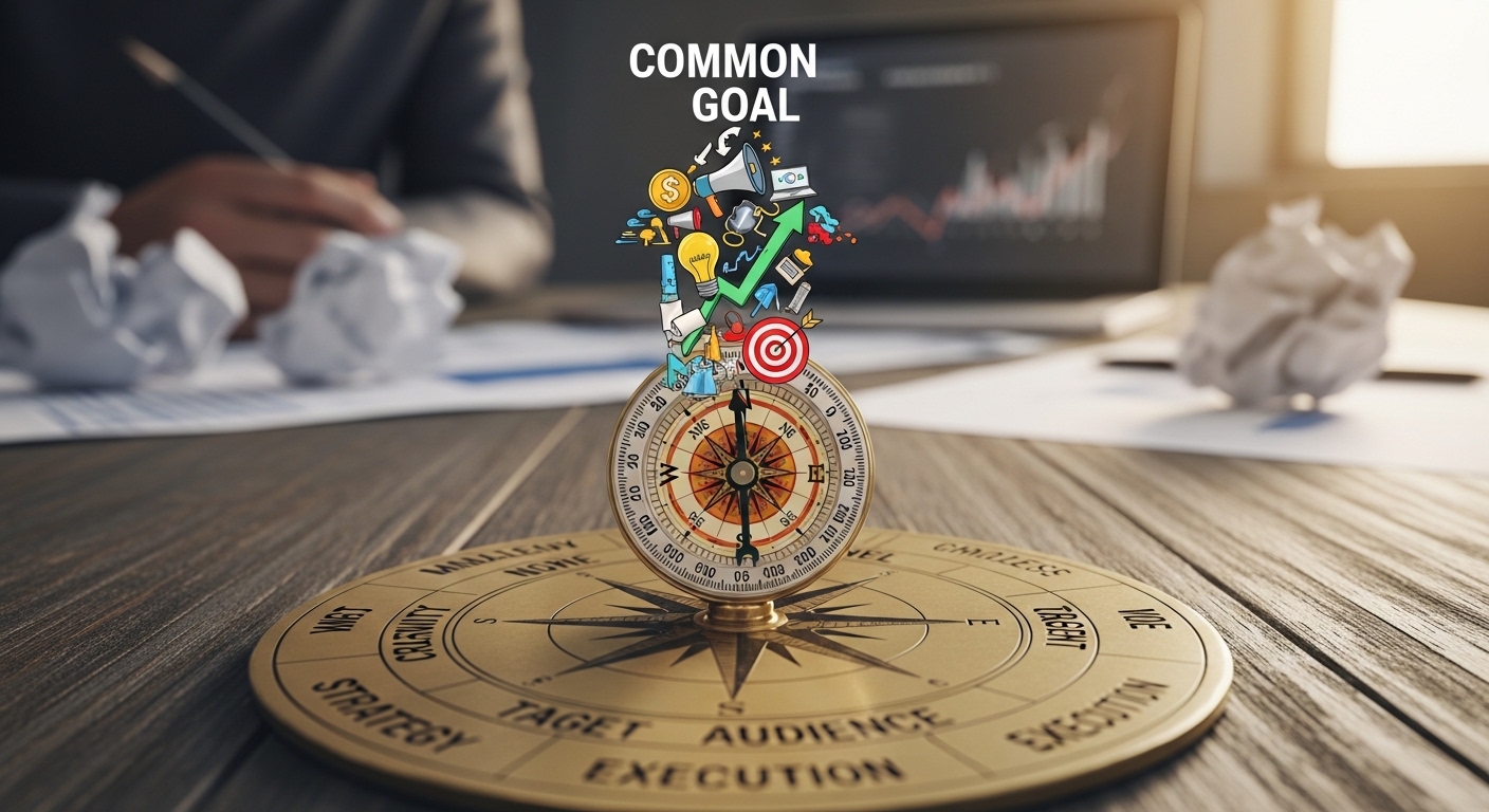 La bàn chỉ về một mục tiêu chung trong chiến dịch digital marketing — minh họa nguyên tắc thống nhất hướng đi