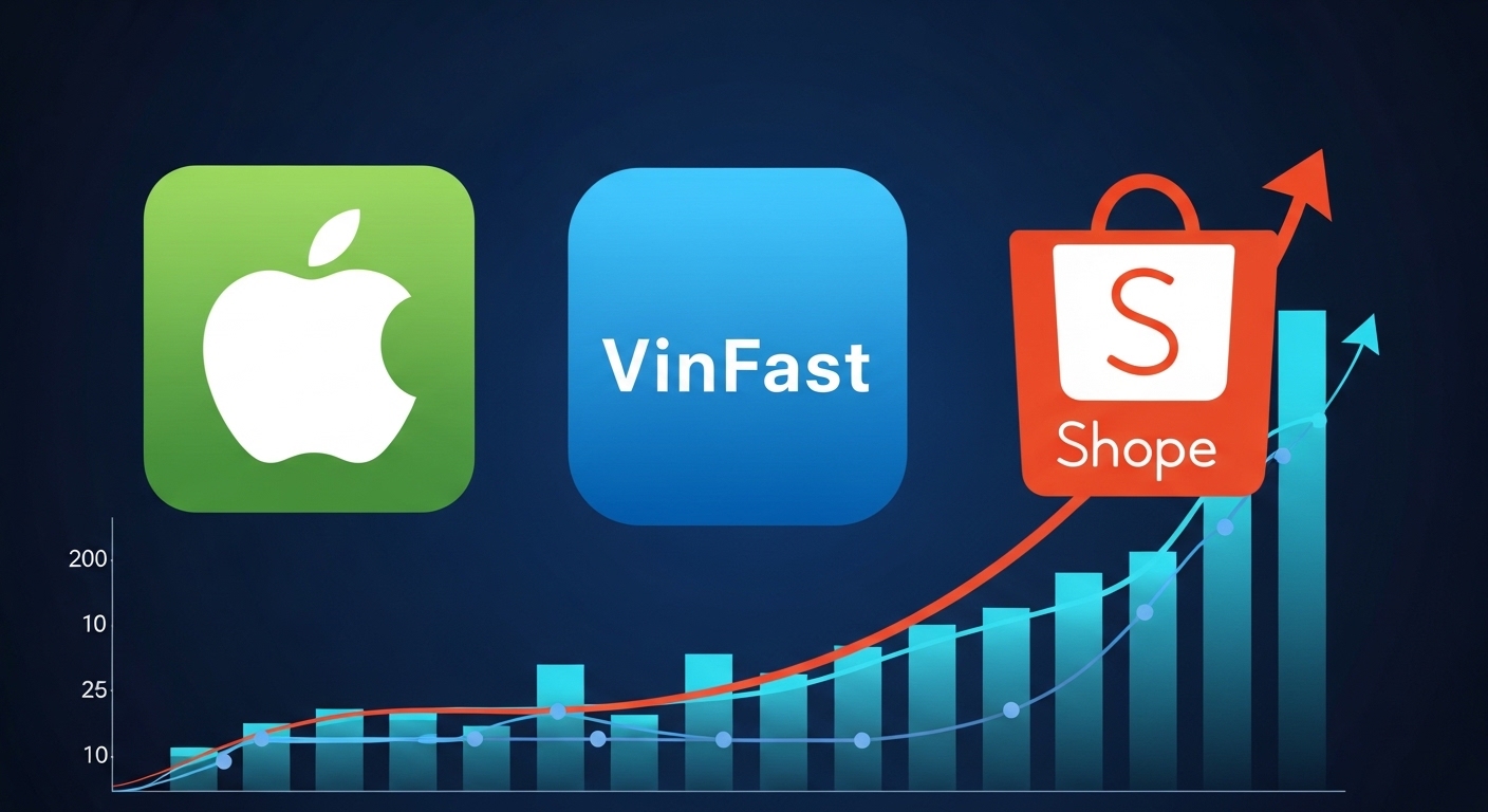 Logo của Apple, VinFast và Shopee trên nền biểu đồ tăng trưởng minh họa chiến lược doanh nghiệp