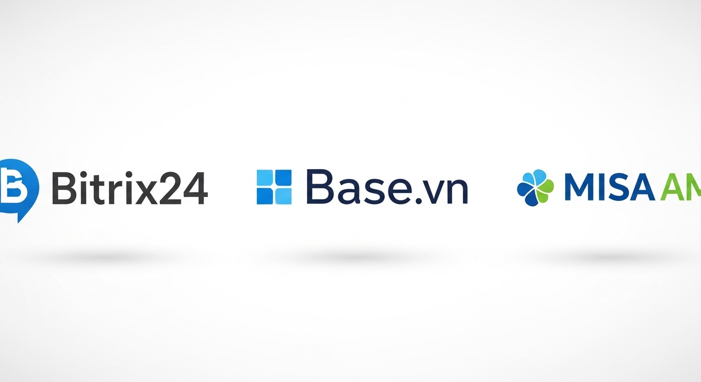 Logo Bitrix24, Base VN và MISA AMIS đặt cạnh nhau trong bảng so sánh giải pháp theo dõi nhân viên digital marketing