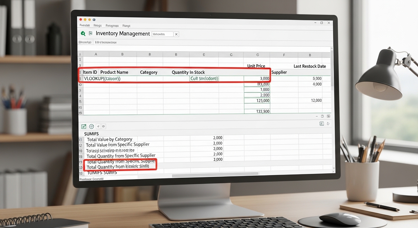 Minh họa hàm VLOOKUP và SUMIFS trong bảng tính Excel quản lý kho hàng tự động
